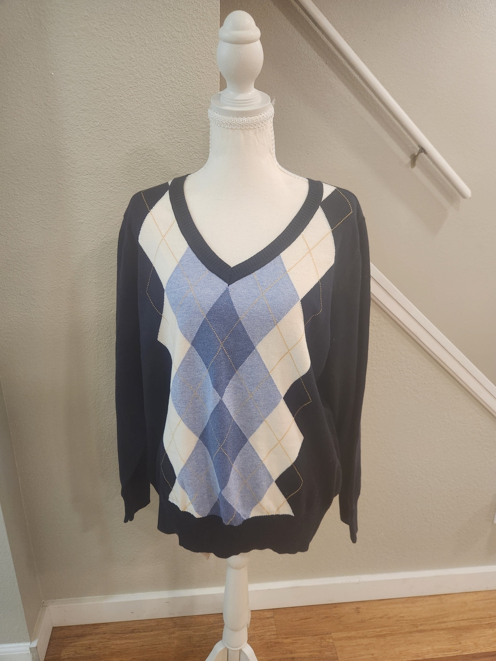 St. John's Bay Navy V-Neck Argyle Sweater with Blue and White Diamonds